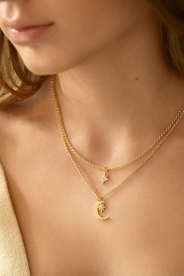 Caramel Jewellery London Gold Tone Moon & Star Double Layer Necklace