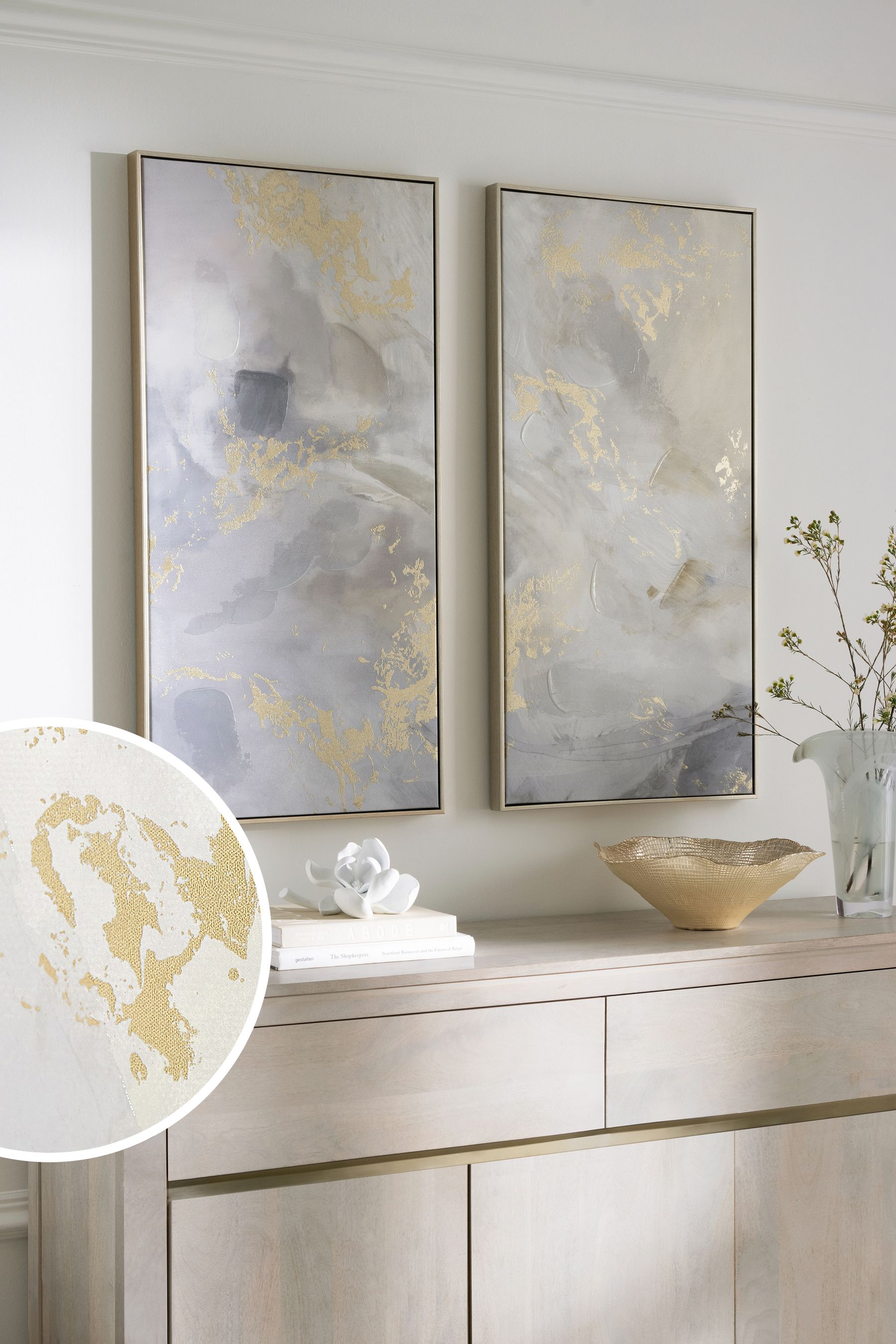 Set of 2 Grey Gold Abstract Framed Canvas Wall Art