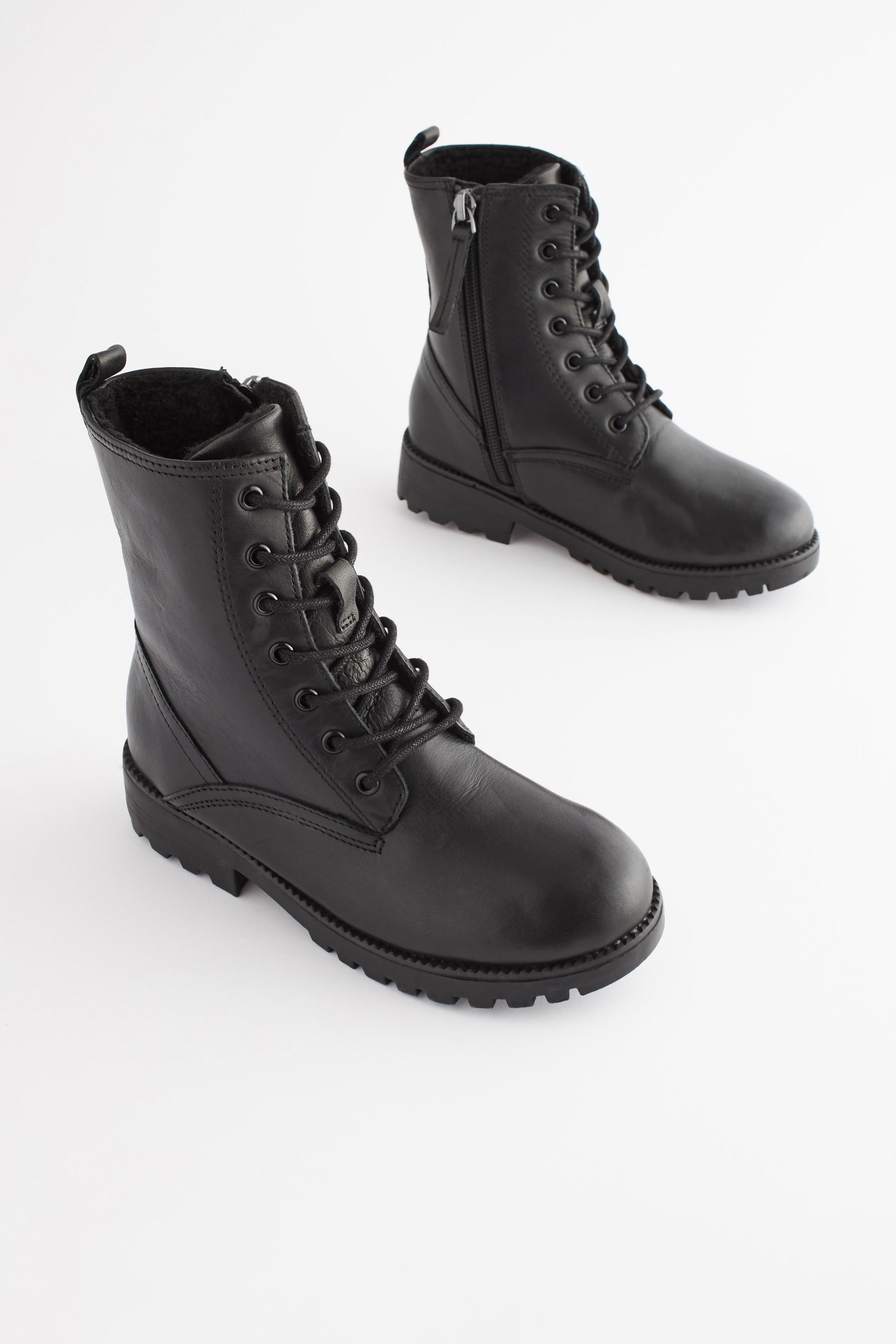 Black Leather Standard Fit F Warm Lined Lace Up Boots