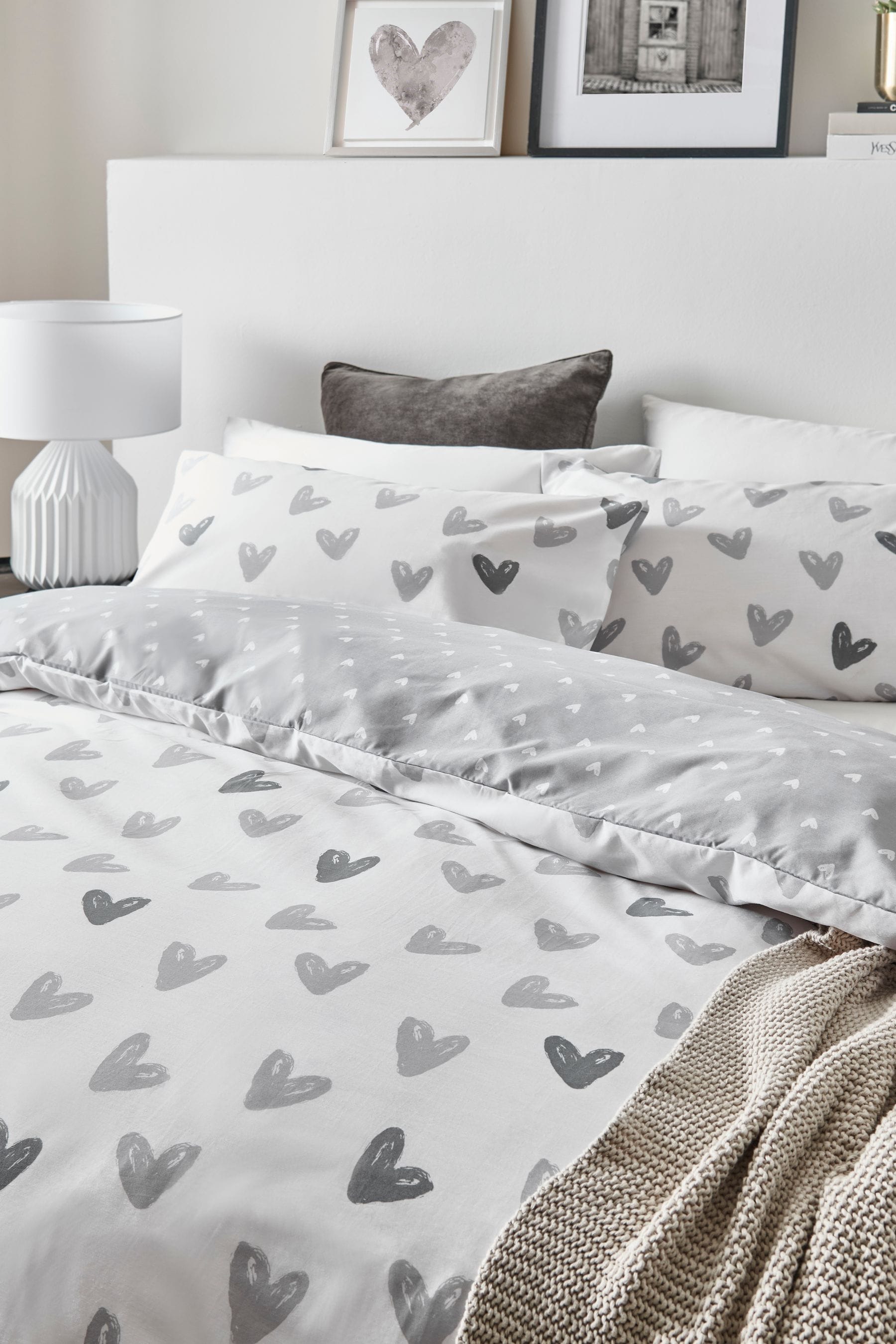 Grey Heart Duvet Cover and Pillowcase Set
