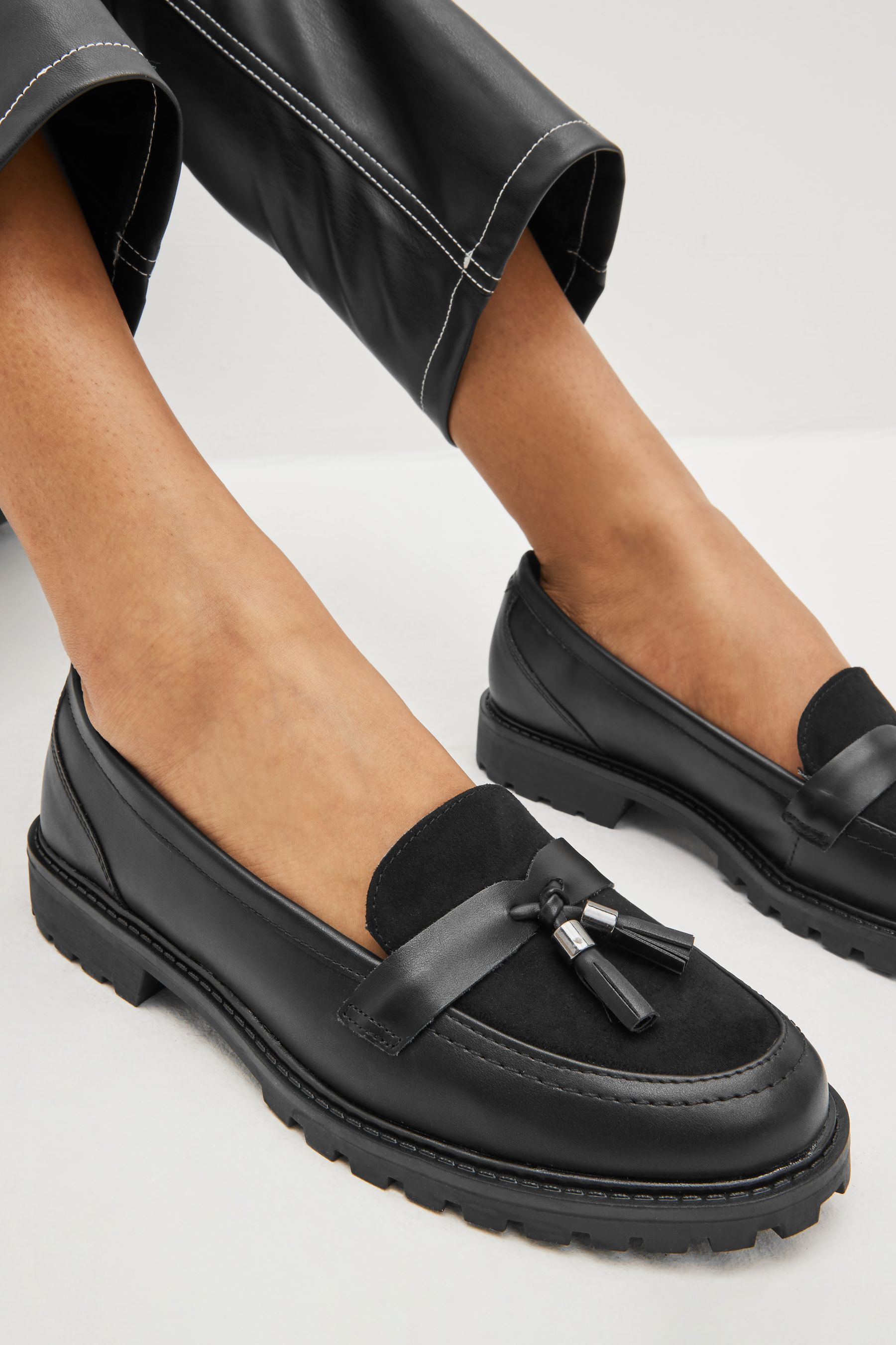 Black Regular Wide Fit Forever Comfort Tassel Detail Cleated Chunky Loafer Shoes