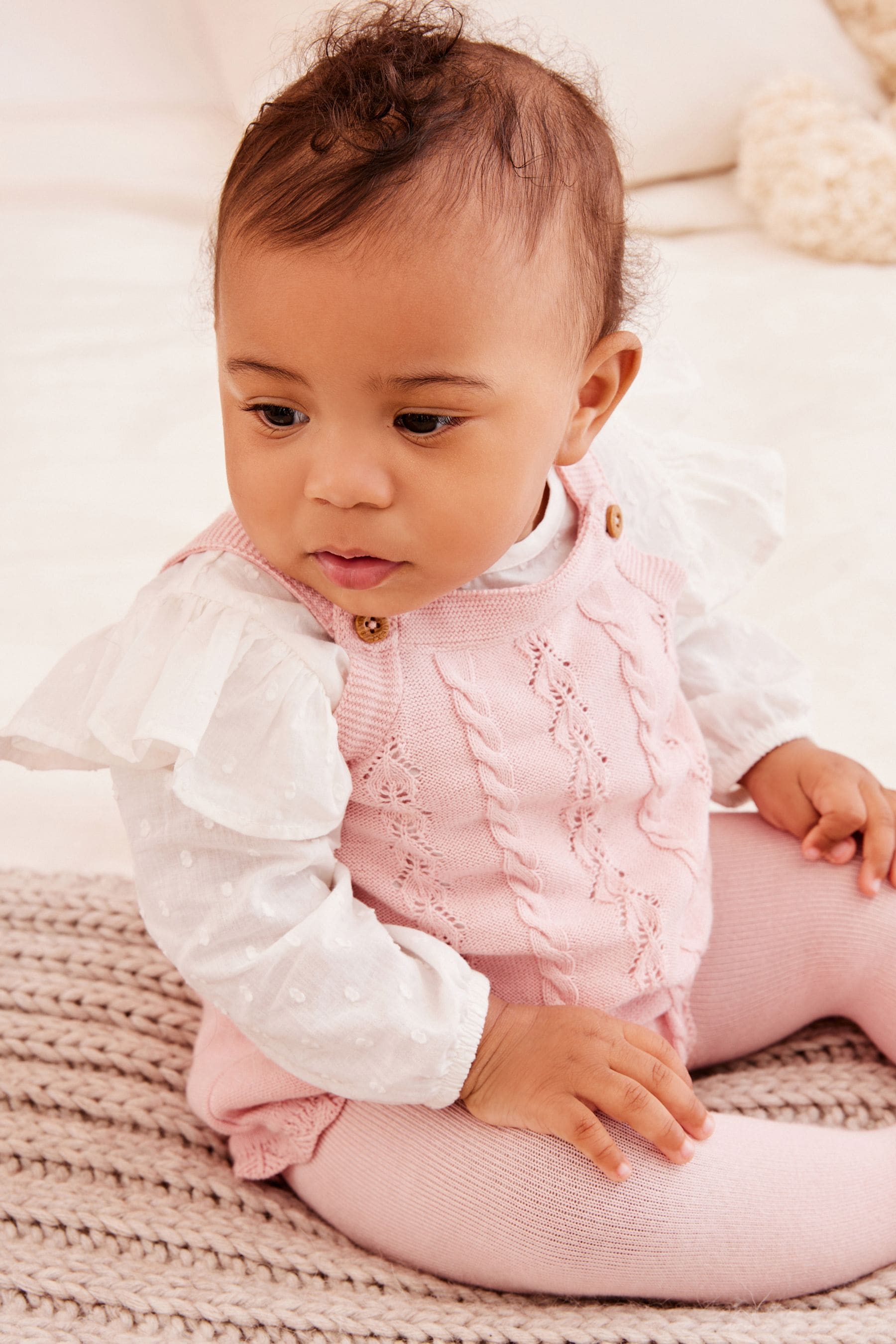 Buy Pink Pink Cable Knitted Baby Romper Blouse and Tights Set