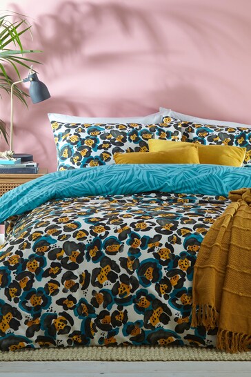 furn. Teal Blue Ayanna Leopard Reversible Duvet Cover and Pillowcase Set