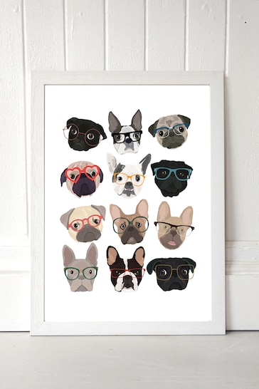 East End Prints Grey Pugs in Glasses Print by Hanna Melin