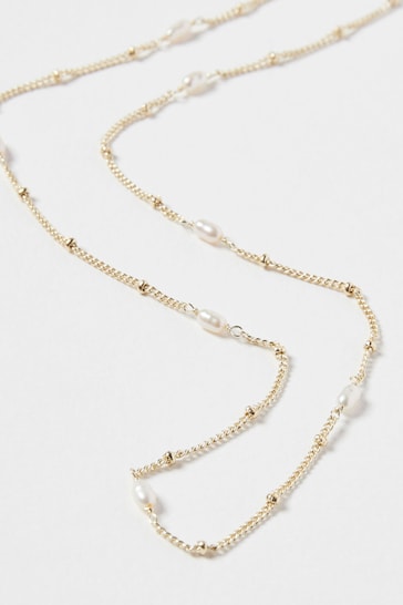 Oliver Bonas White Mila Pearl Detail Gold Plated Chain Necklace