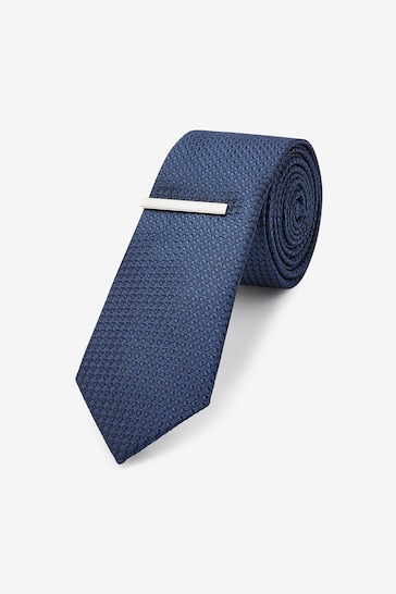 Navy Blue Slim Textured Tie And Clip