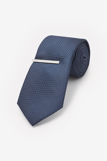 Navy Blue Textured Tie And Clip