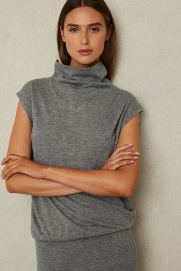 Reiss Grey Hester Knitted Wool-Cashmere Blouson Top Midi Dress