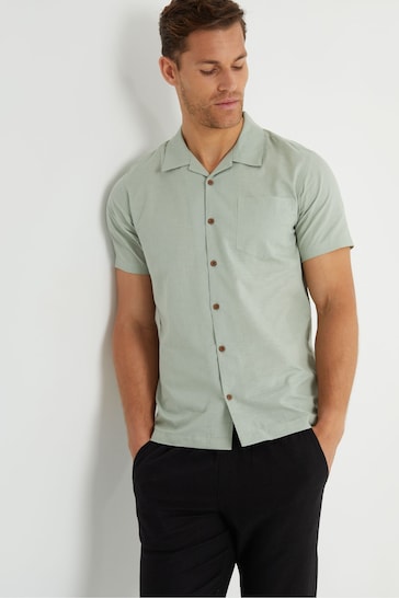 Threadbare Green Cotton Revere Collar Short Sleeve 100% Cotton Shirt