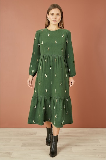 Yumi Green Long Sleeve Midi Dress With Floral Embroidery