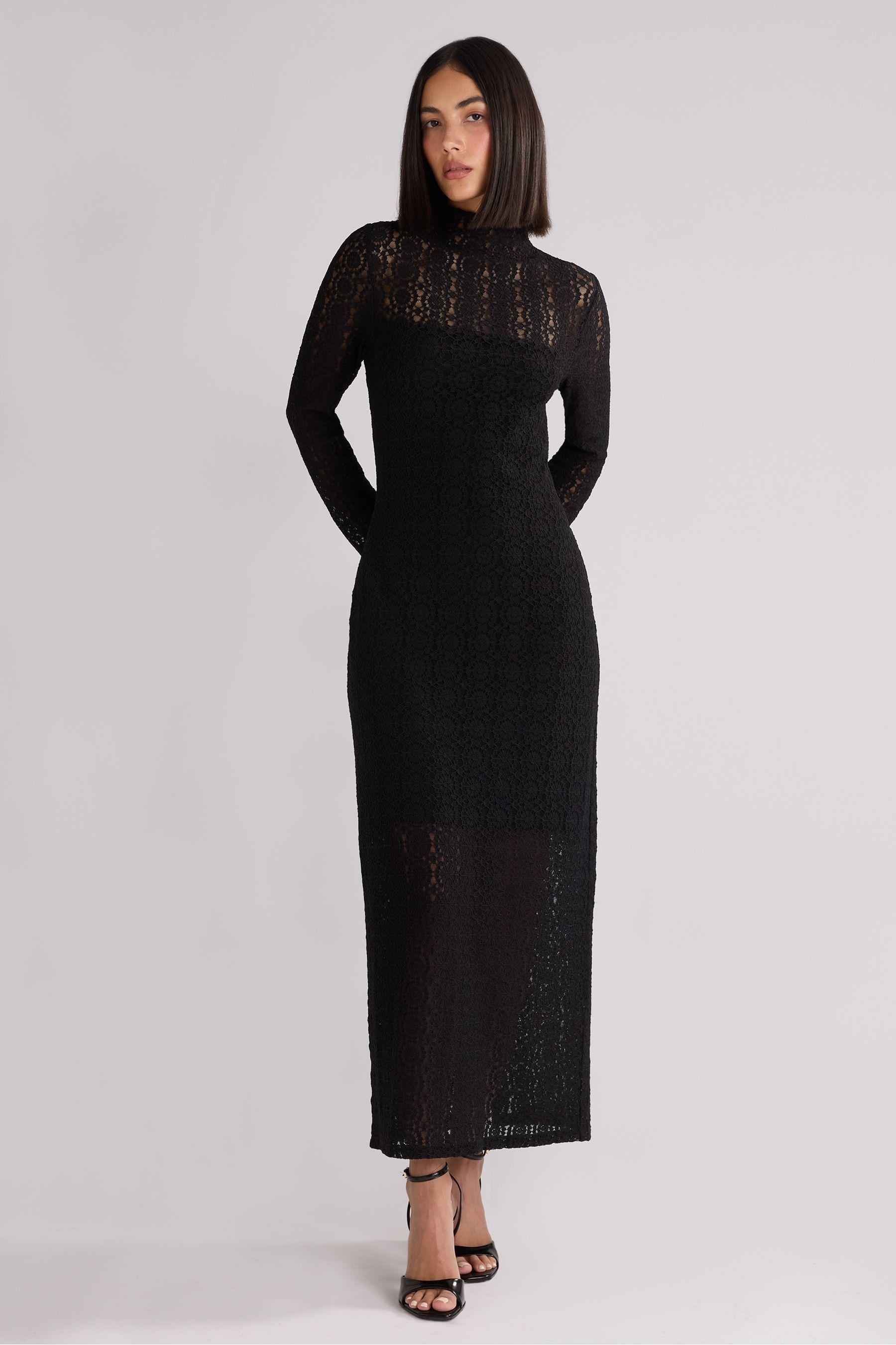 Ro Zo Black Lace High Neck Midi Dress