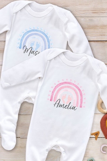 Little Years Personalised Rainbow And Tiny Feet White Sleepsuit