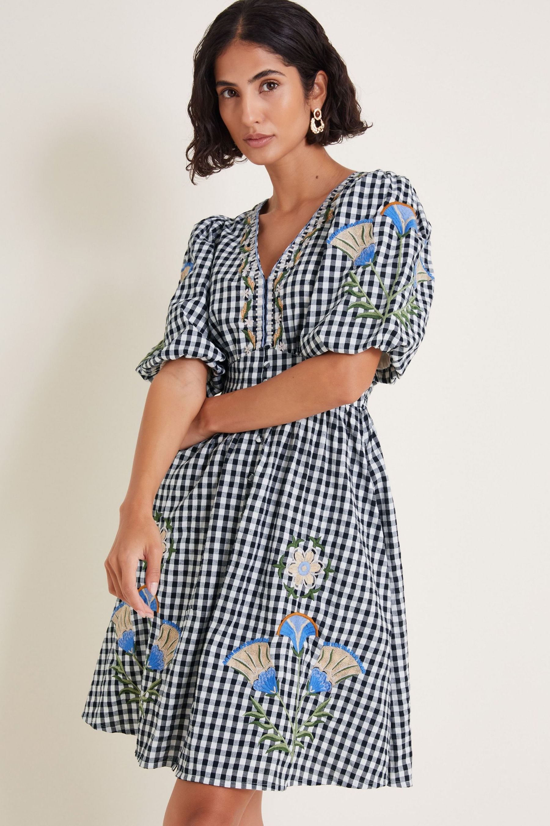 Monsoon Black Bria Embroidered Gingham Mini Dress