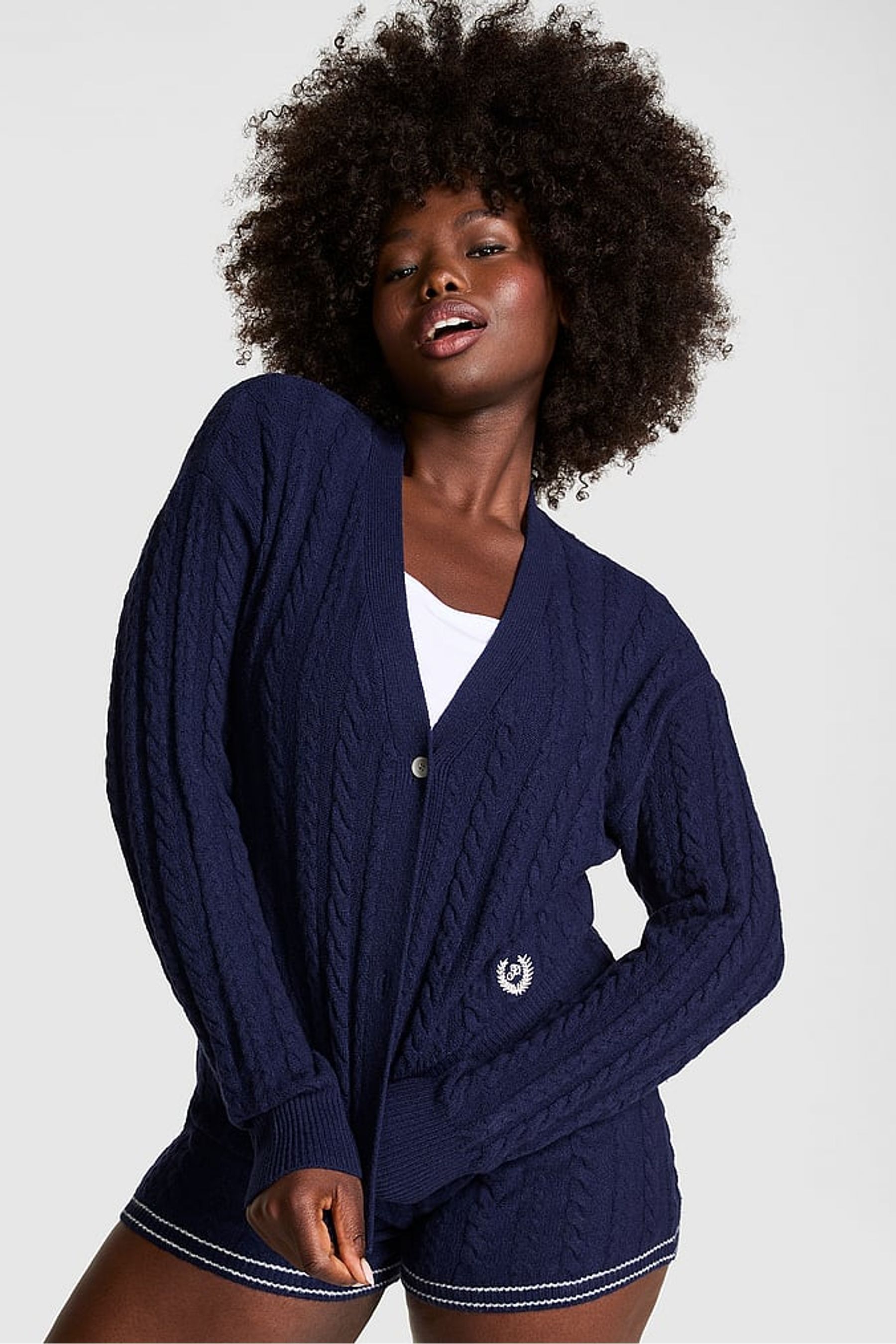 Victoria s Secret PINK Midnight Navy Blue Cropped Cable Knit Cardigan