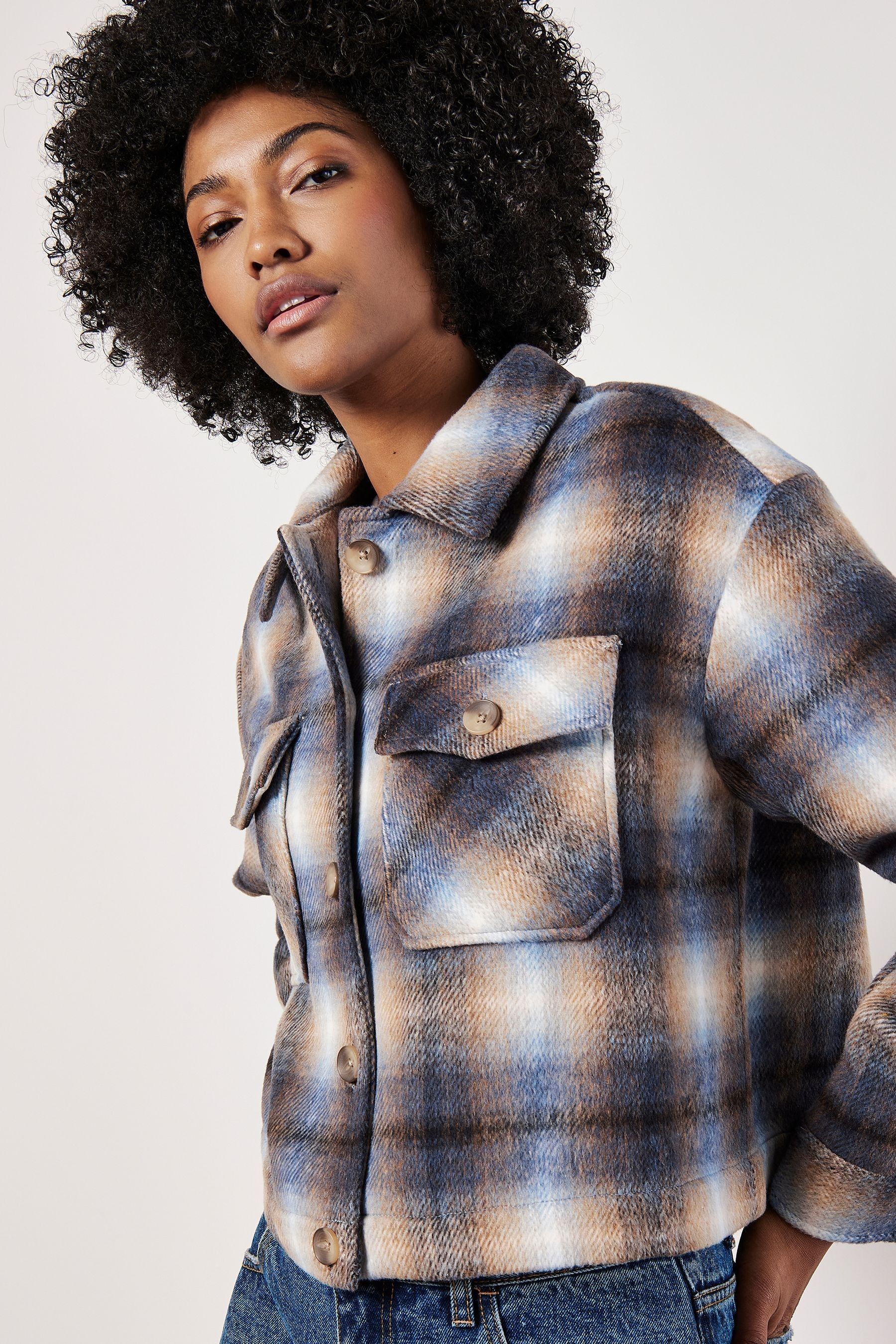 Apricot Blue Brushed Plaid Cropped Jacket