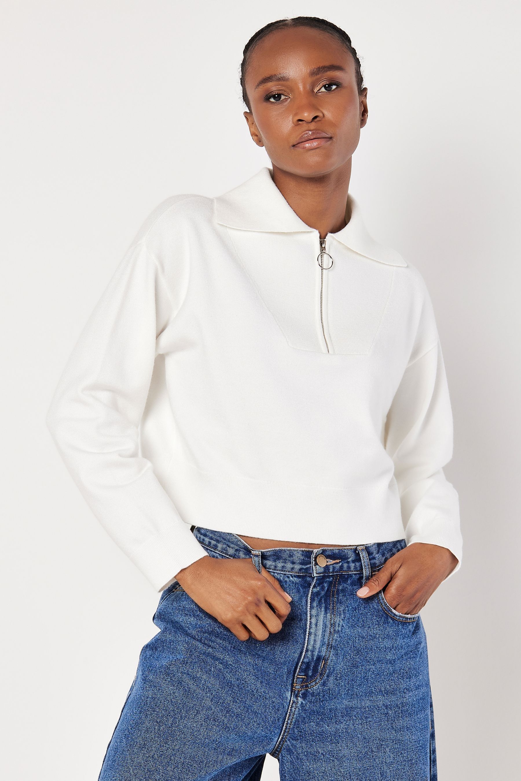 Buy Apricot Cream Zip Collar Cropped Sweatshirt from the Next UK online shop