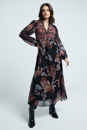 River Island Black Smock Floral Print Midi Dress