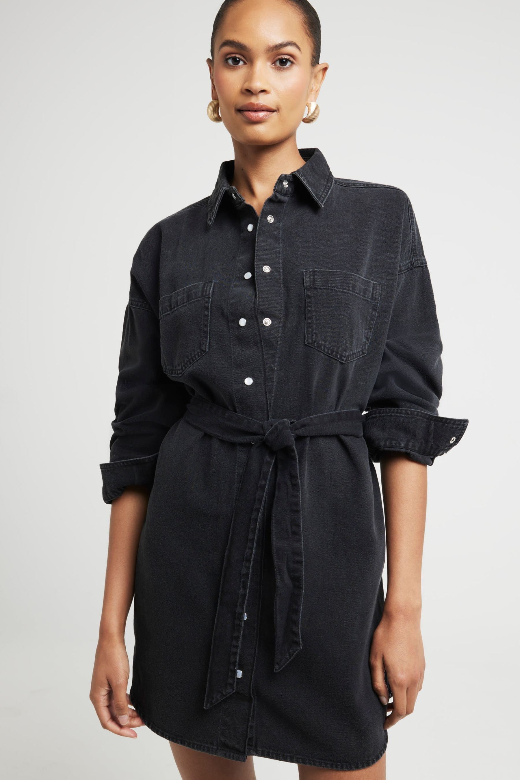 Buy River Island Black Belted Denim Mini Shirt Dress from the Next UK online shop