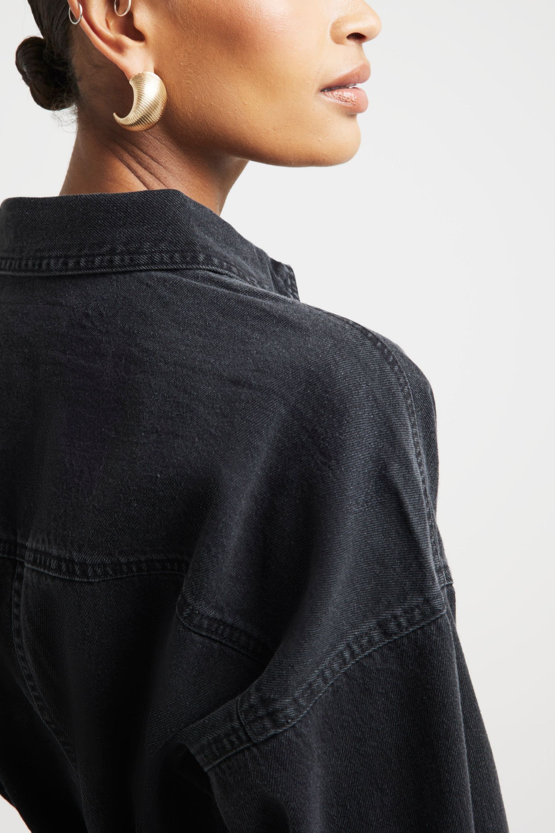 Black belted denim dress cheap