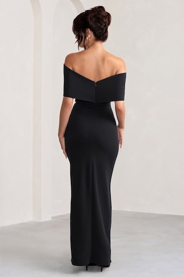 Club L London Black Eva Bardot Bow Detail Maxi Dress With Thigh Split