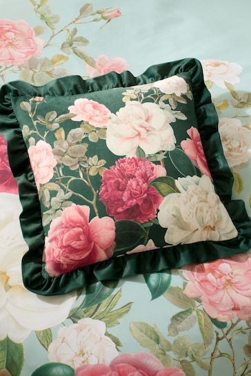 RHS Green Rose Garden Frill Soft Touch Velour Large Cushion