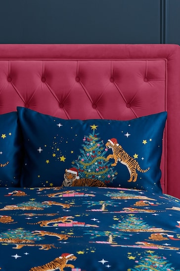 Catherine Lansfield Navy Blue Christmas Tiger Soft Satin Duvet Cover Set