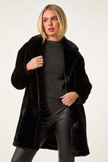 Roman Black Petite Longline Fur Coat