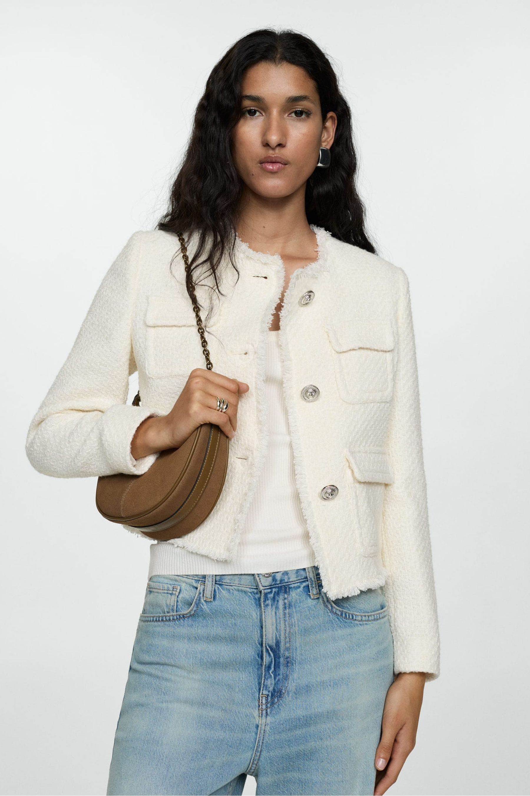 Buy Mango Cream Boucle Cropped Jacket With Silver Buttons from the Next UK online shop