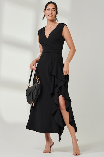 Jolie Moi Black Wrap Front Frill Detail Maxi Dress