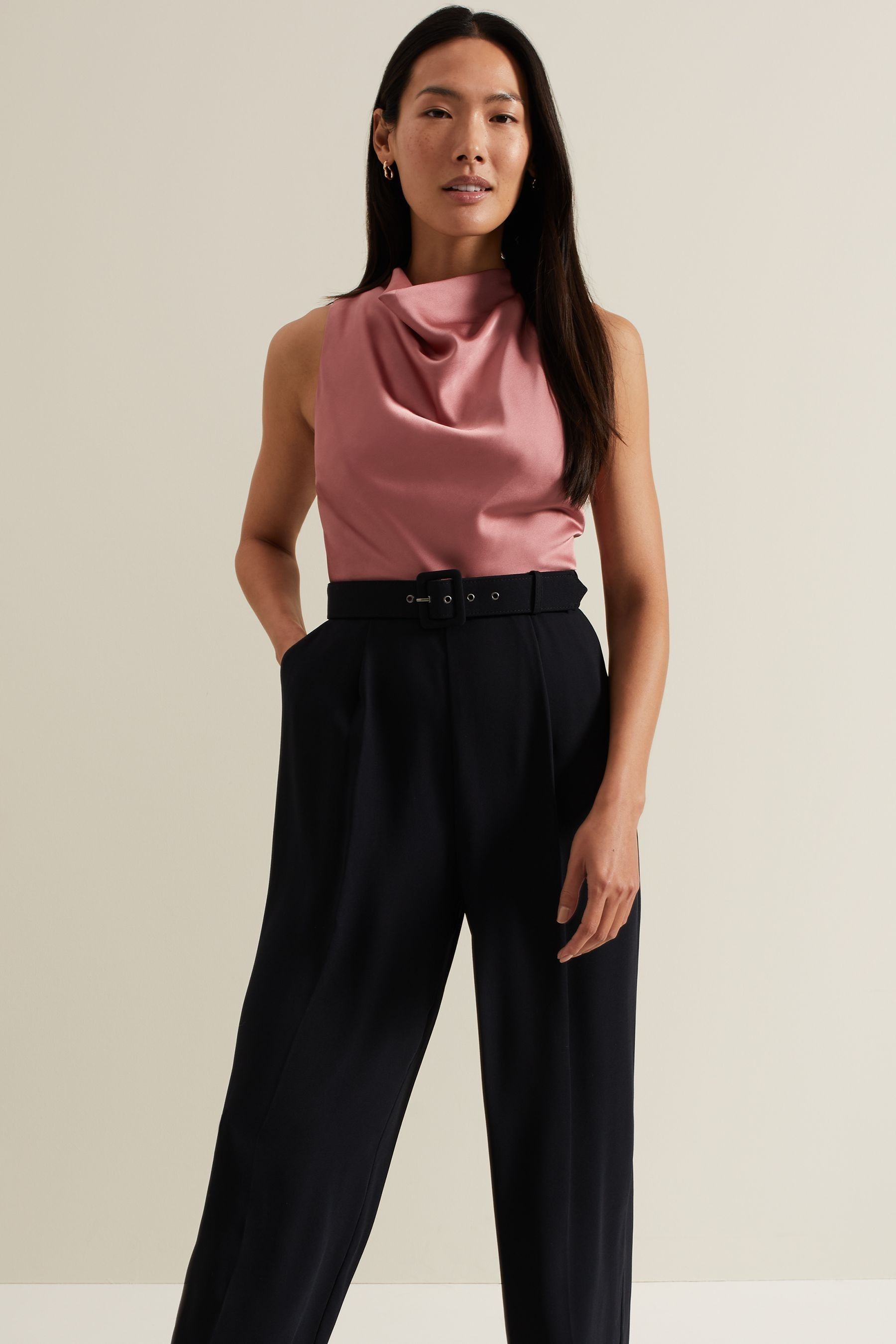 Phase Eight Black Petite Sabina Satin Wide Leg Jumpsuit