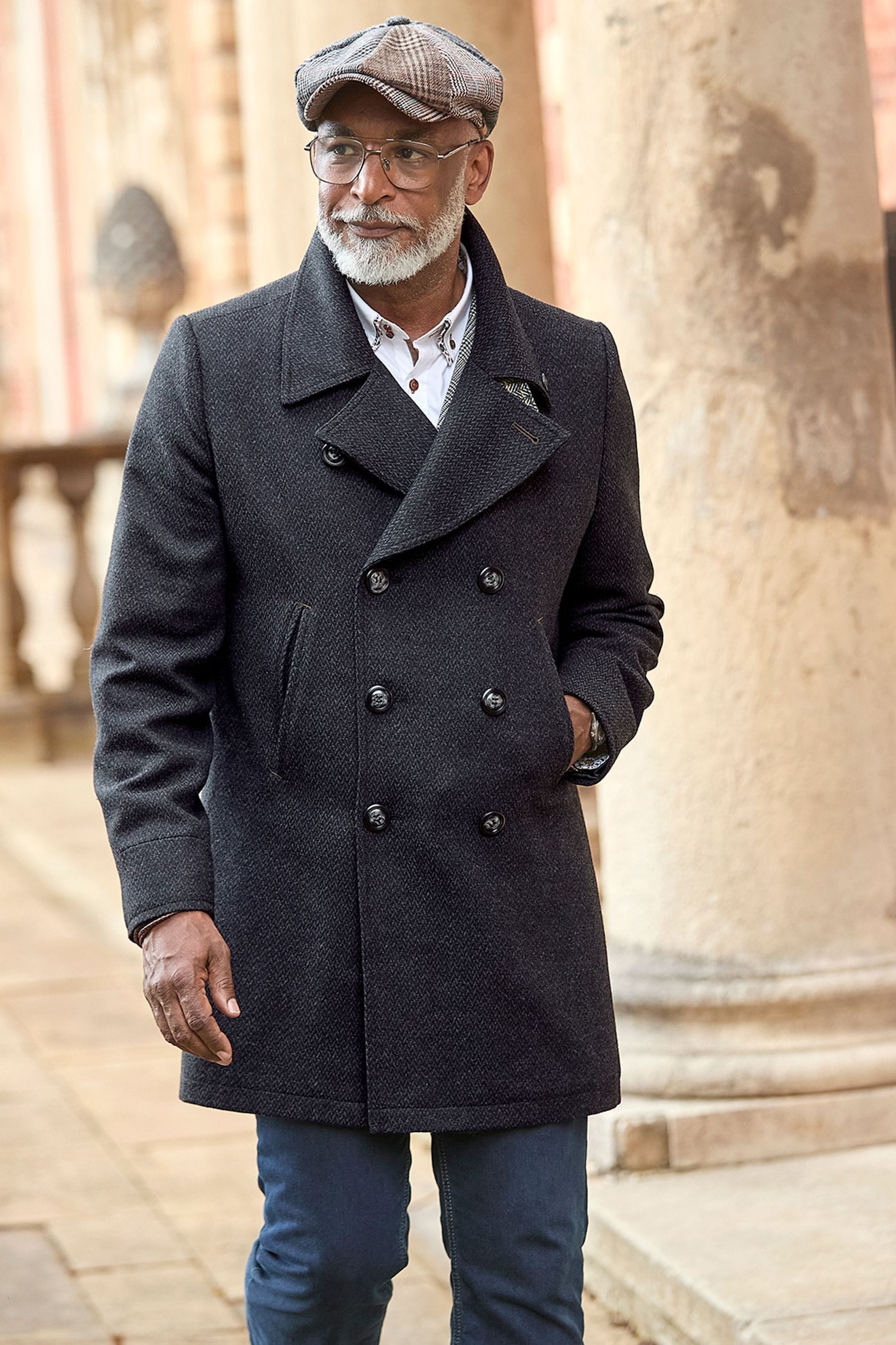 Joe Browns Grey Smart Herringbone Wool Blend Peacoat with Printed Lining