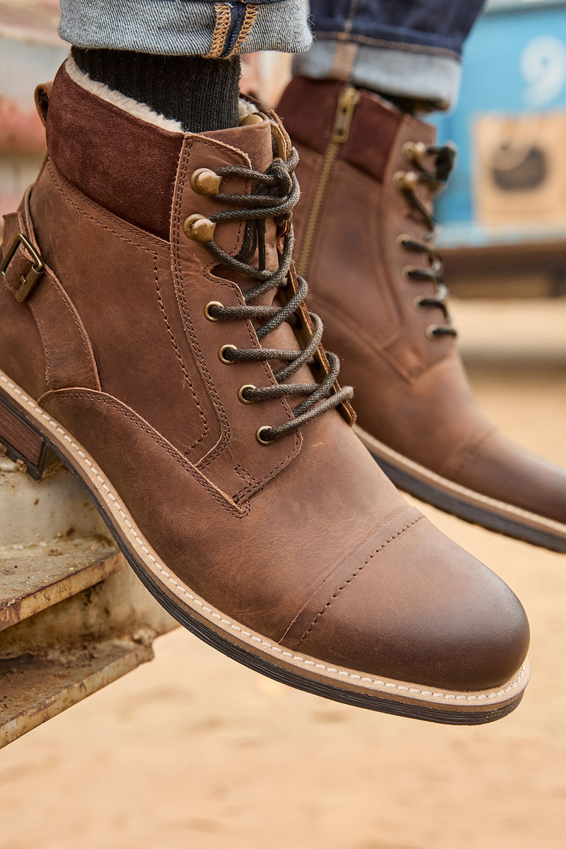 Joe Browns Brown Borg Lined Oiled Leather Aviator Boots