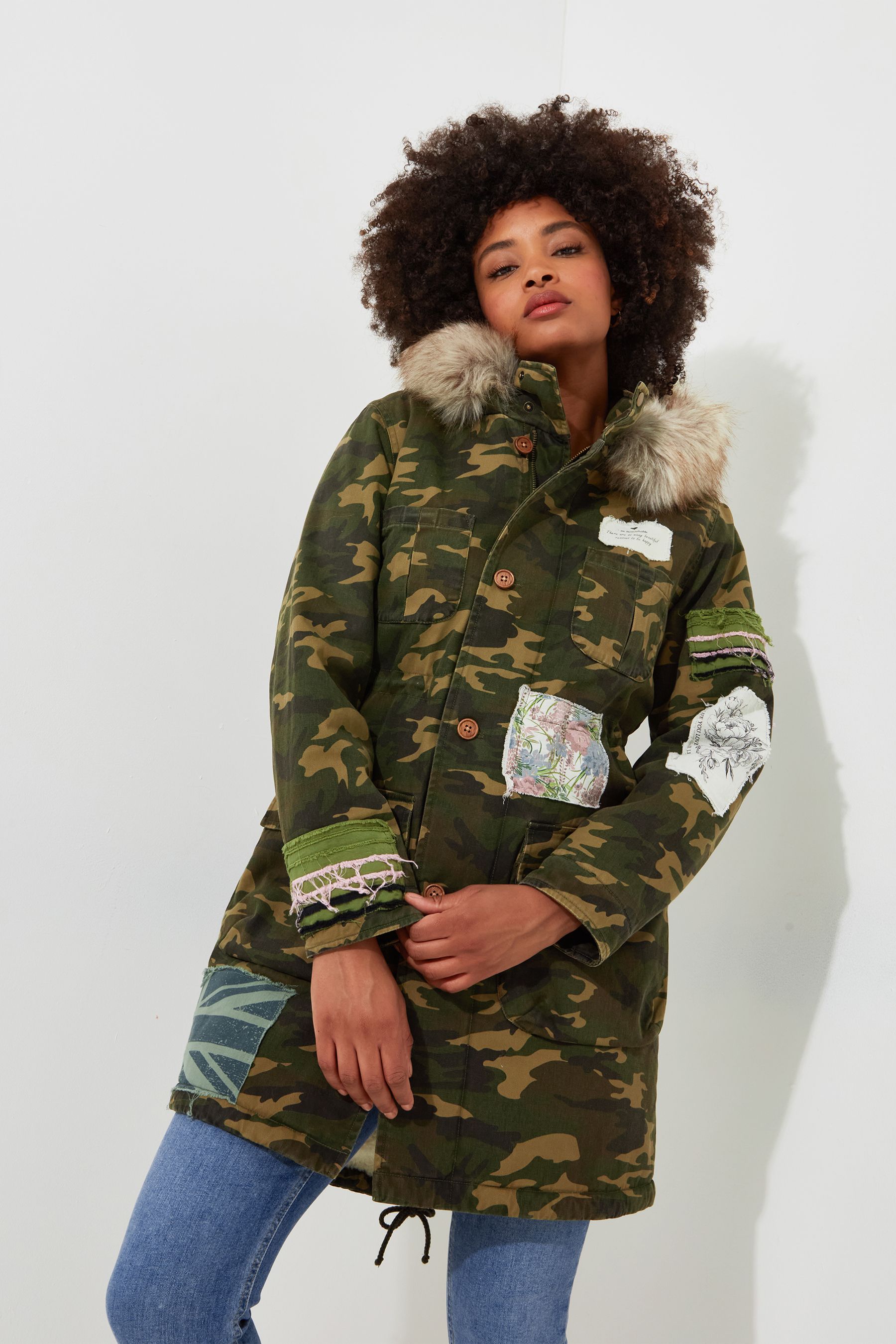 Camouflage fur parka top