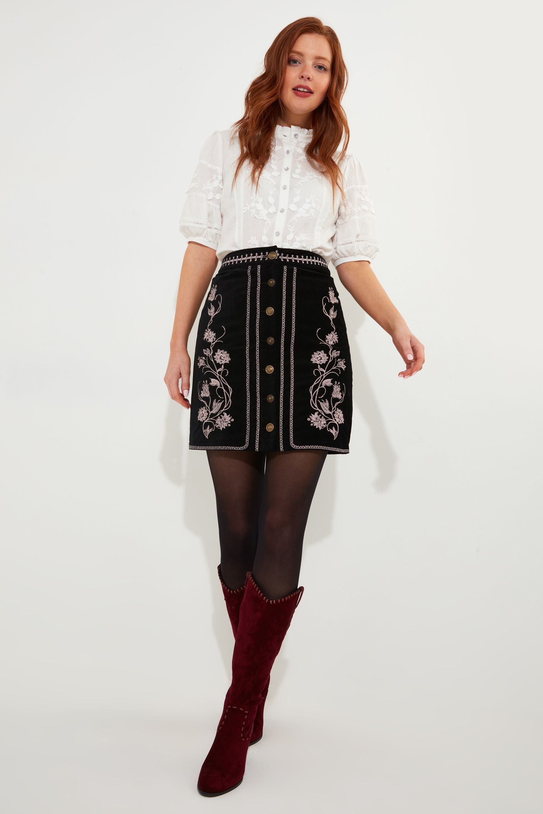 Black floral embroidered mini skirt hot sale