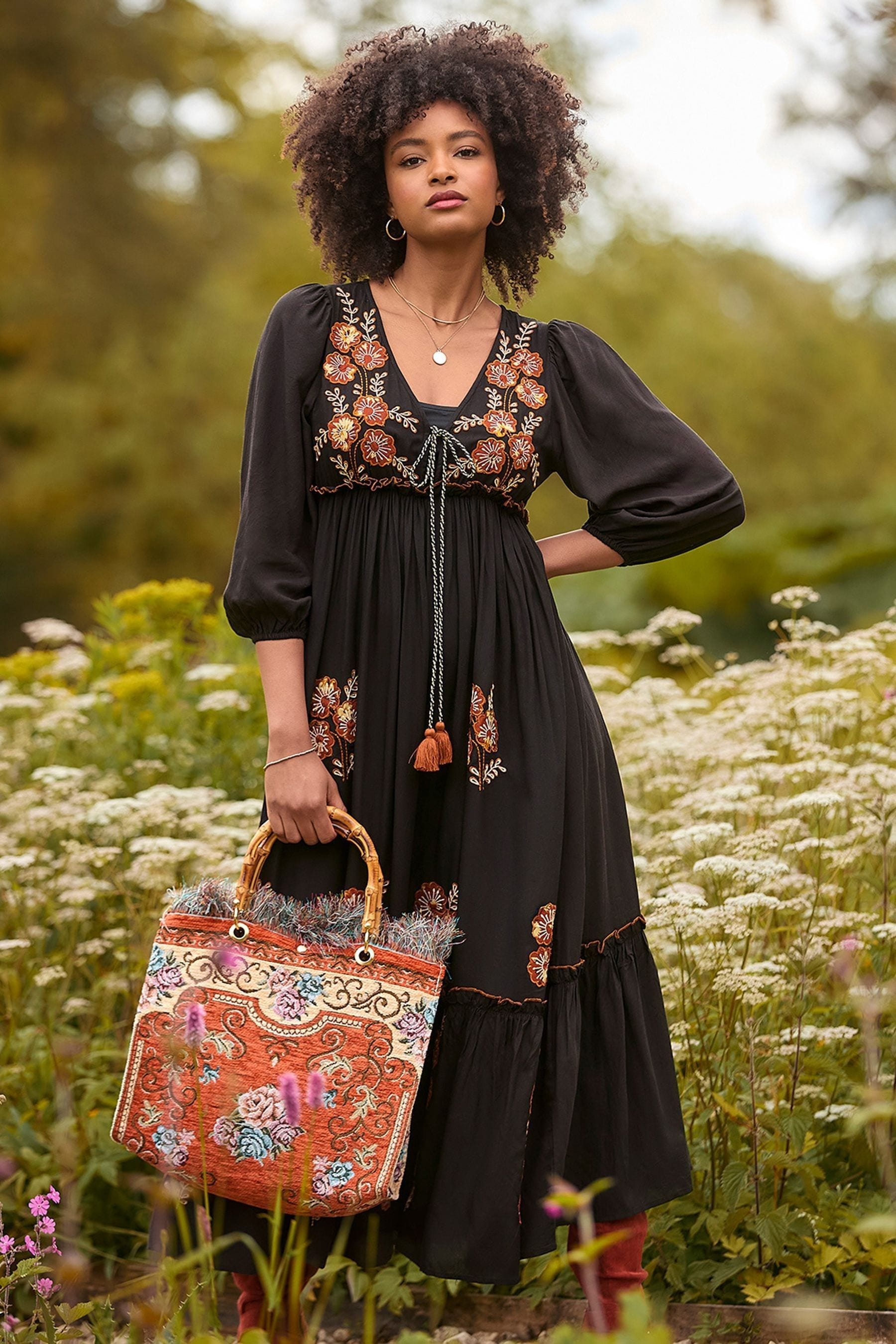 Joe Browns Black Floral Embroidered Tassel Tie Boho Maxi Dress