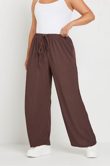 Yours Curve Brown Textured Tie Waist Wide Leg Trousers