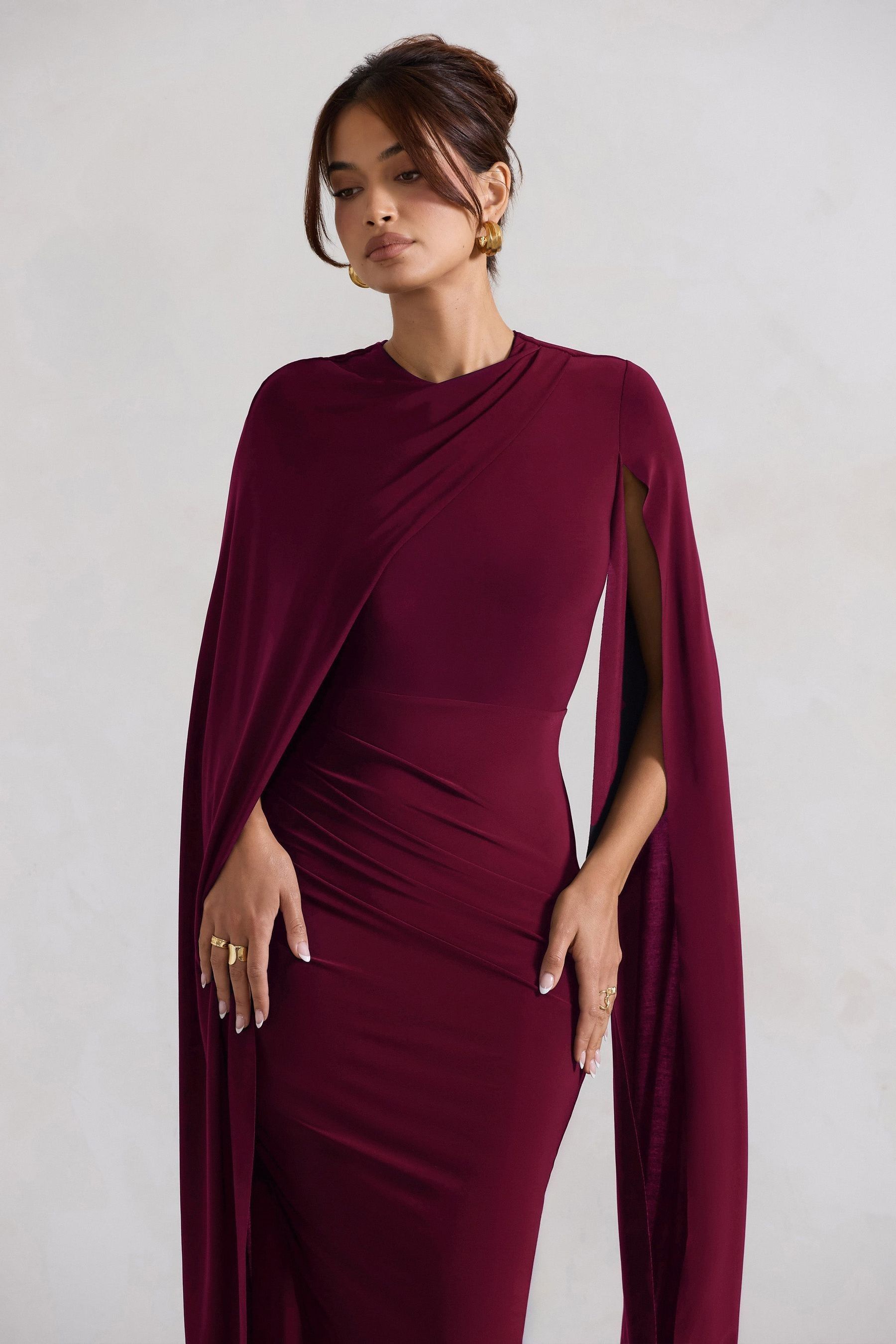 Club L London Burgundy Red Marysol Asymetric Cape Midi Dress