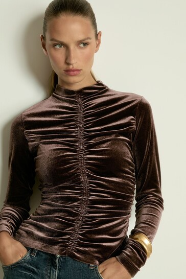 Reiss Chocolate Ari Velvet Ruched Long-Sleeve Top