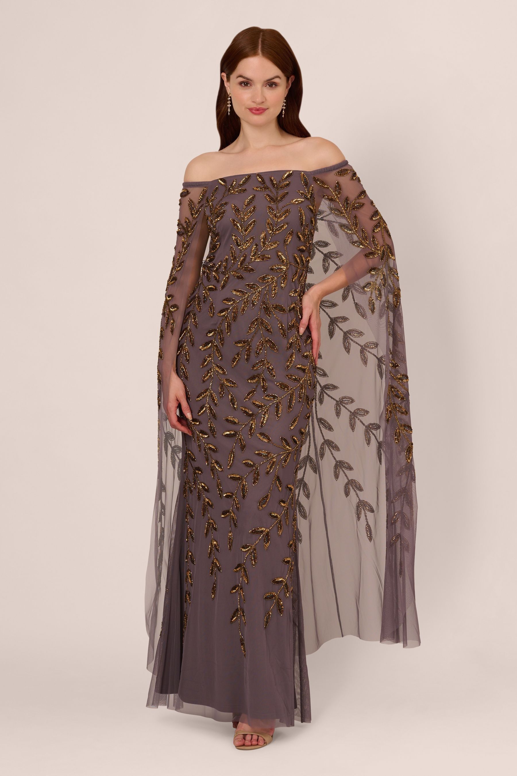 Adrianna Papell Purple Bead Cape Long Dress