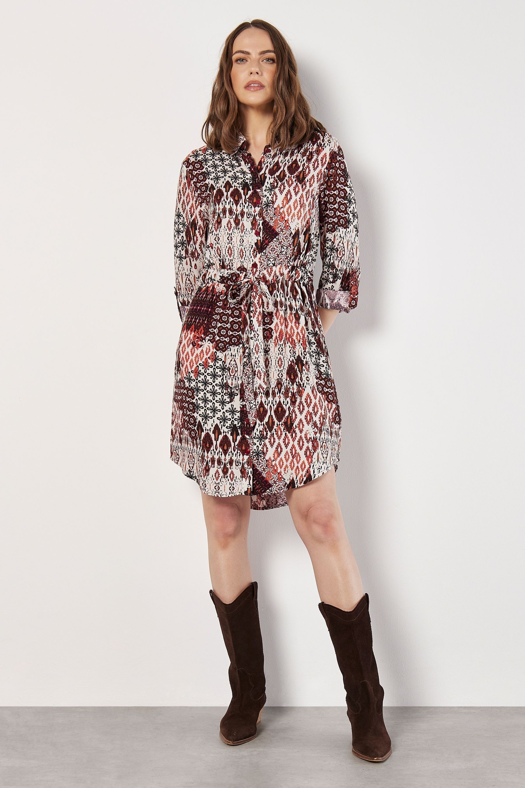 Apricot Red Tribal Ikat Patchwork Shirt Dress