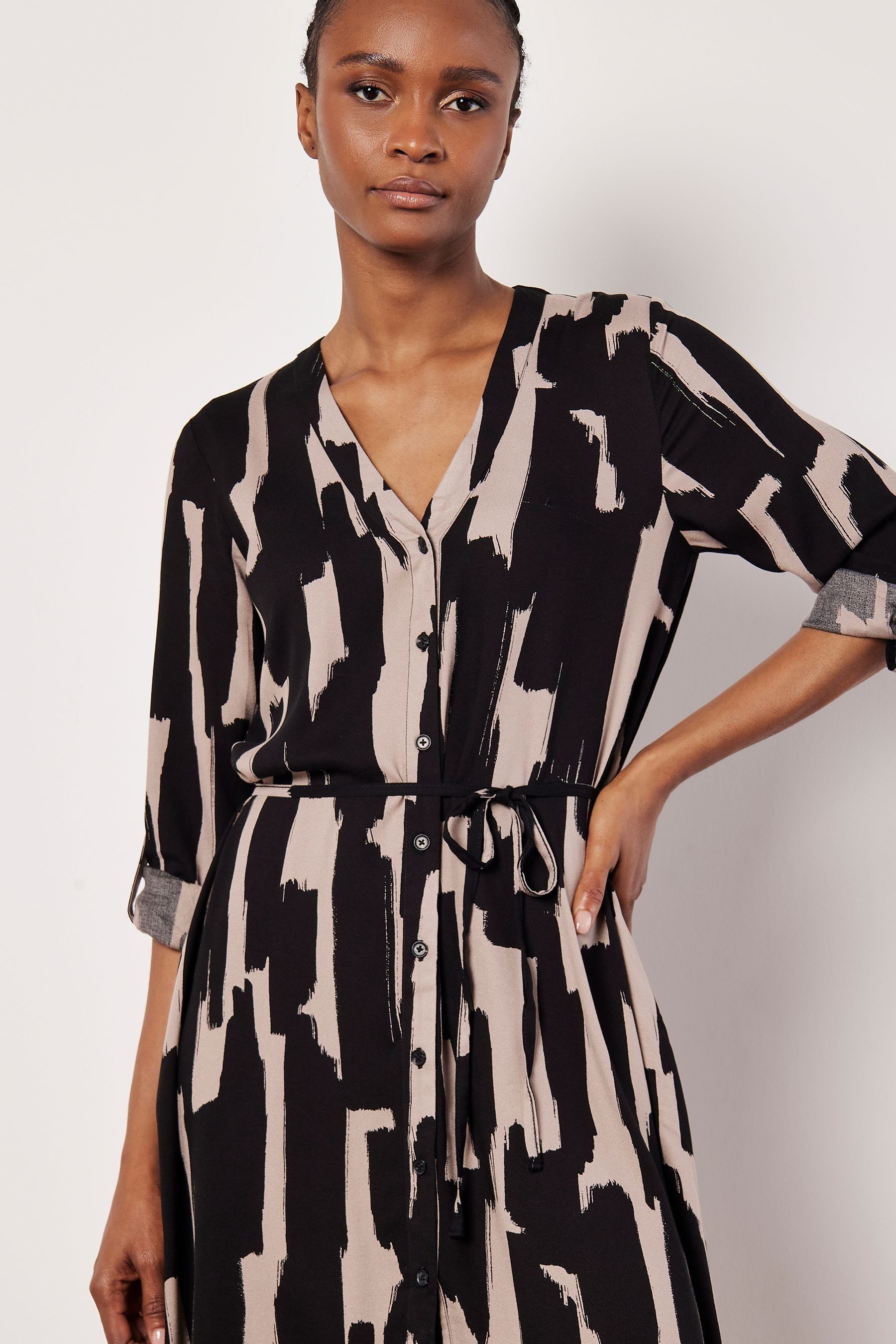 Apricot Black Painted Lines Shirt Dress