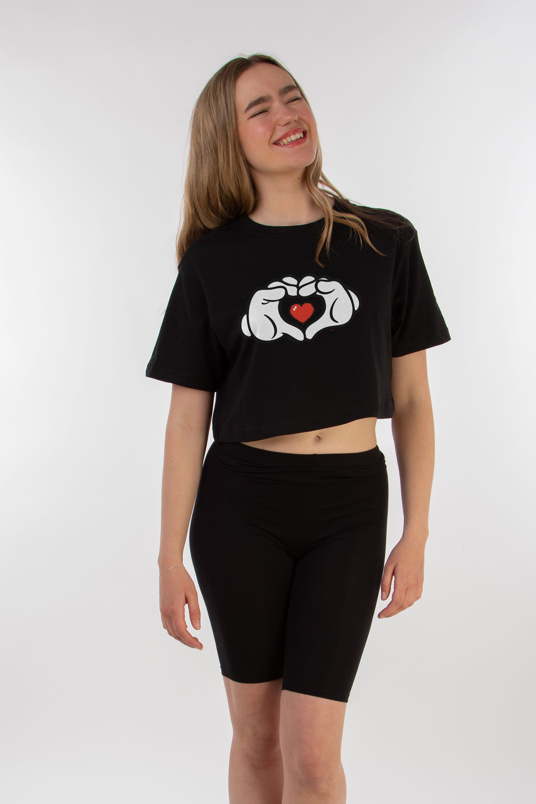 Buy Brands In Black Disney Mickey Mouse Heart Hands Cropped Womens T Shirt from the Next UK online shop