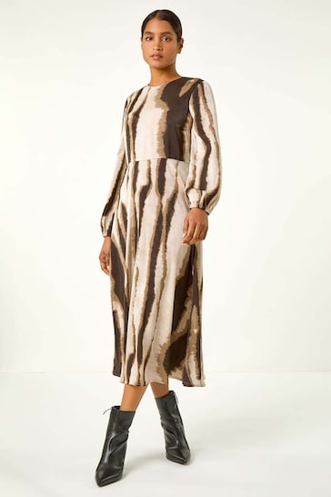 Roman Brown Shadow Stripe Print Midi Dress