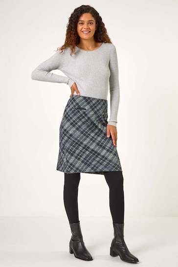 Roman Grey Elastic Waist Check Print Pocket Pencil Skirt