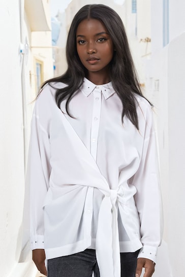 Religion White Tie Front Prodigy Shirt In Crisp Crepe With Stud Details