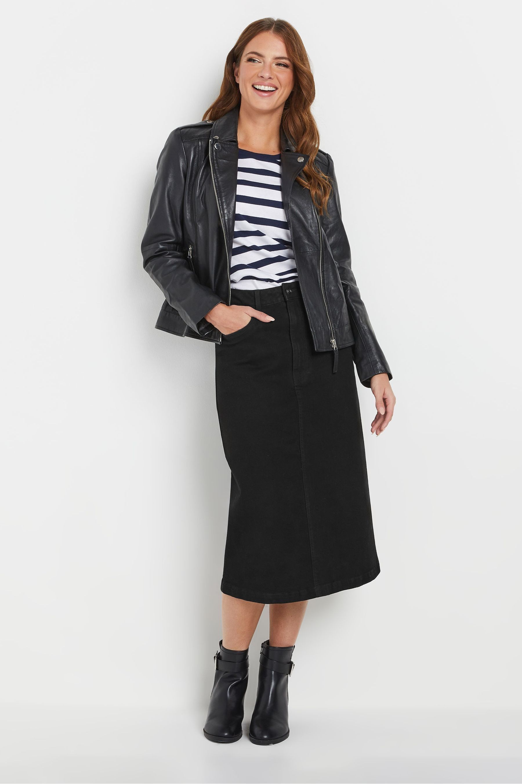 Black denim pencil skirt top