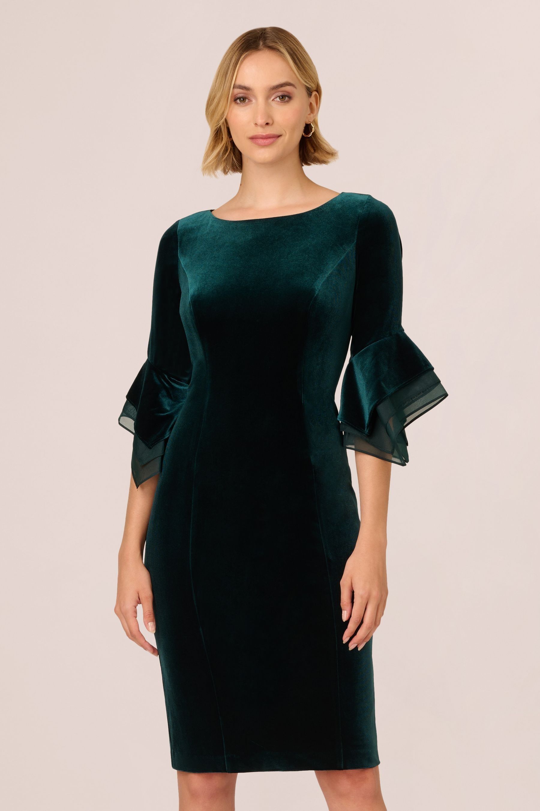 Adrianna Papell Velvet Bell Sleeve Short Green Dress
