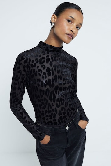 River Island Black Leopard print High Neck Bodysuit