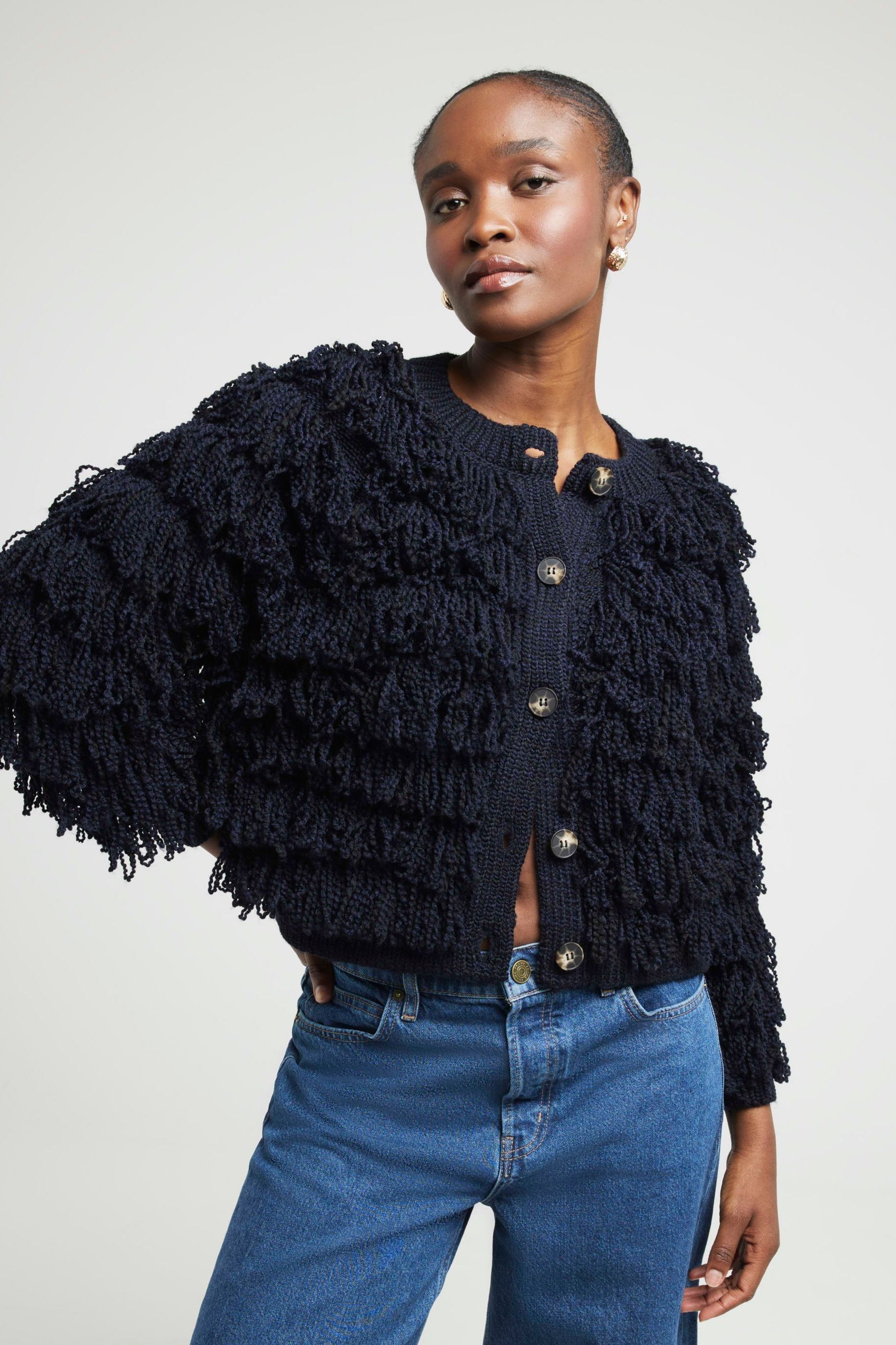 Black fringe cardigan shop