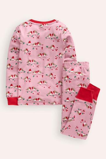 Boden Pink 100% Cotton Festive Robins Snug Long John Pyjamas